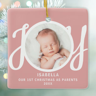 First Christmas As Parents Photo Joy Pink Keepsake Ceramic Ornament