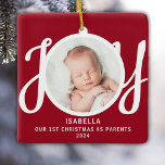 First Christmas As Parents Photo Red Keepsake Ceramic Ornament<br><div class="desc">This keepsake First Christmas As Parents photo ornament is decorated with the word JOY in stylish script typography on a red background. Easily customisable.</div>