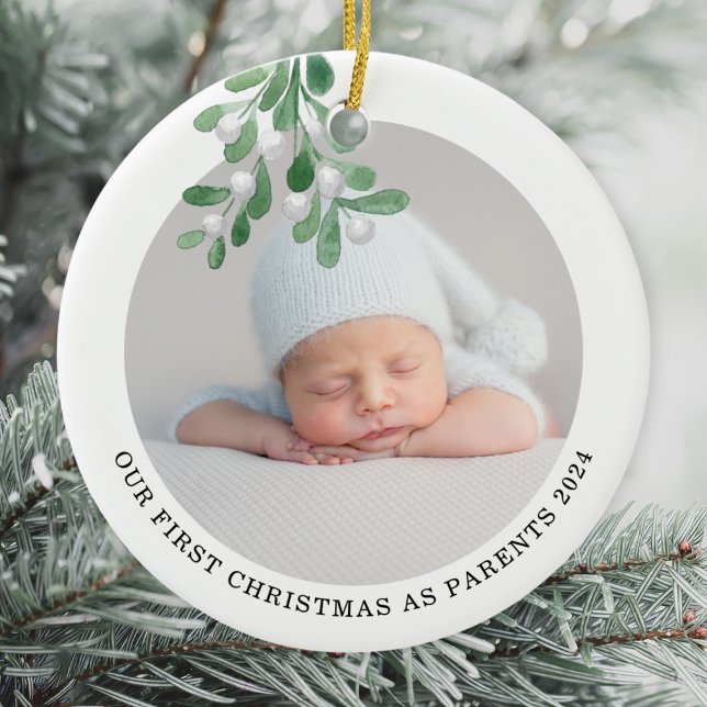 First Christmas As Parents Photo Watercolor  Ceramic Ornament (Creator Uploaded)