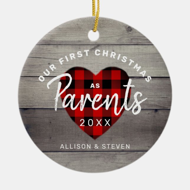 First Christmas As Parents Rustic Personalised Ceramic Ornament (Front)