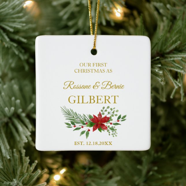 First Christmas As Quote With Poinsettias Design Ceramic Ornament (Tree)