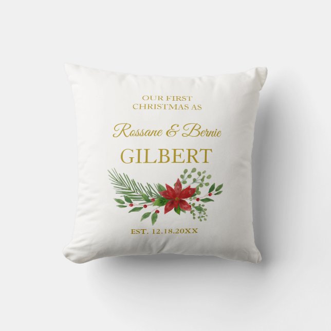 First Christmas As Quote With Poinsettias Design Cushion (Front)