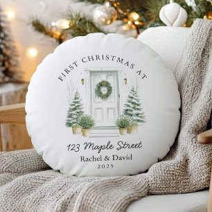 First Christmas at New Address – Red Door  Round Cushion