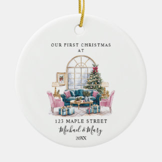 First Christmas At New Home With Address and Name Ceramic Ornament
