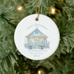 First Christmas at Our Beach House Ceramic Ornament<br><div class="desc">Commemorate your first holiday in your beachside haven with our First Christmas at Our Beach House ornament. This keepsake beautifully combines coastal and chinoiserie styles, featuring a delicate watercolor of a classic Coastal Grandma beach house alongside the phrase “First Christmas at.” Personalise it with your name, the year, and your...</div>