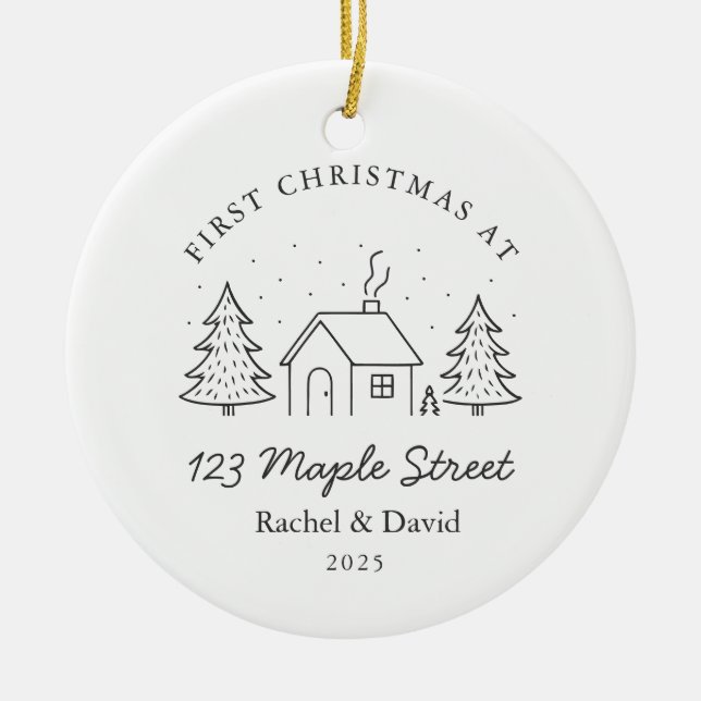 First Christmas at Our New Address – Minimal House Ceramic Ornament (Front)