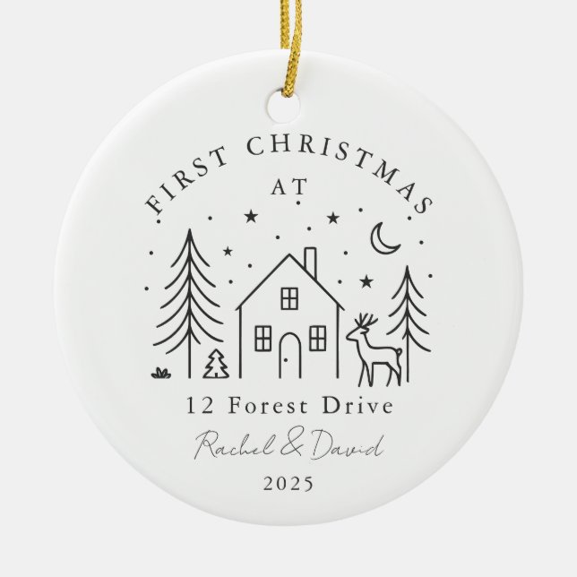 First Christmas at Our New Home – Moon & Deer Line Ceramic Ornament (Front)