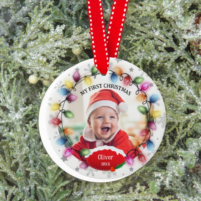 First Christmas Baby 2-Sided Two Photo Keepsake Ceramic Ornament (Cute First Christmas Baby Ornament)