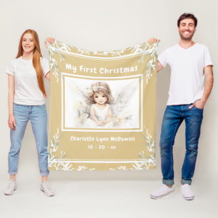 First Christmas Baby Angel Gold & White Christmas  Fleece Blanket