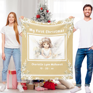 First Christmas Baby Angel Gold & White Christmas Fleece Blanket