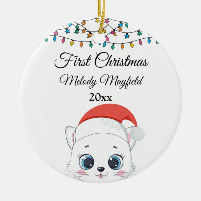 First Christmas Baby Boy Girl Cute Cat 2023 Ceramic Ornament (Front)