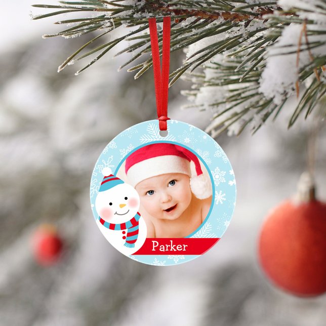 First Christmas Baby Boy Snowman Custom Photo Ornament (Creator Uploaded)