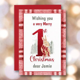 First Christmas Baby Cute Bunny Plaid Holiday Card