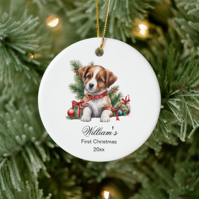 First Christmas Baby Cute Puppy Ceramic Ornament (Tree)