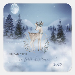 First Christmas,Baby Deer,Winter Landscape  Square Sticker