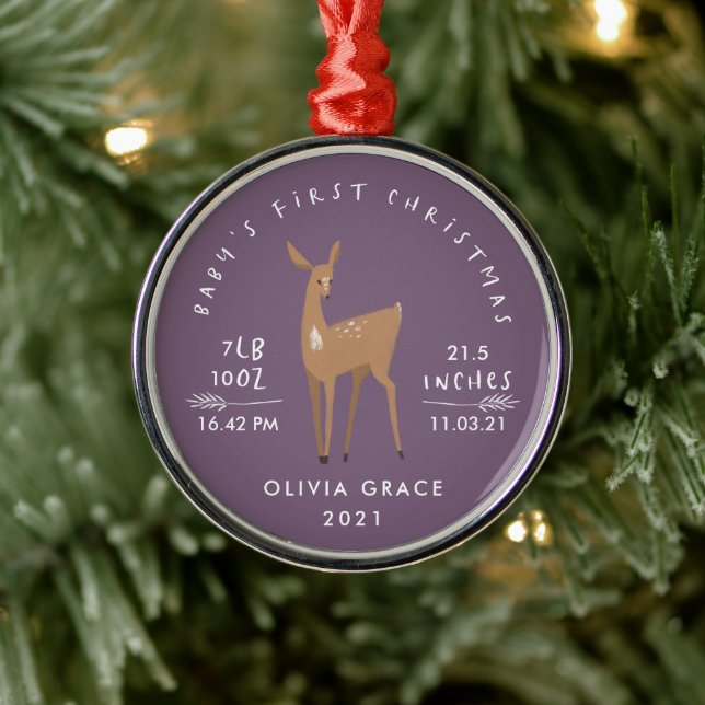 First Christmas baby details deer purple Metal Ornament (Tree)