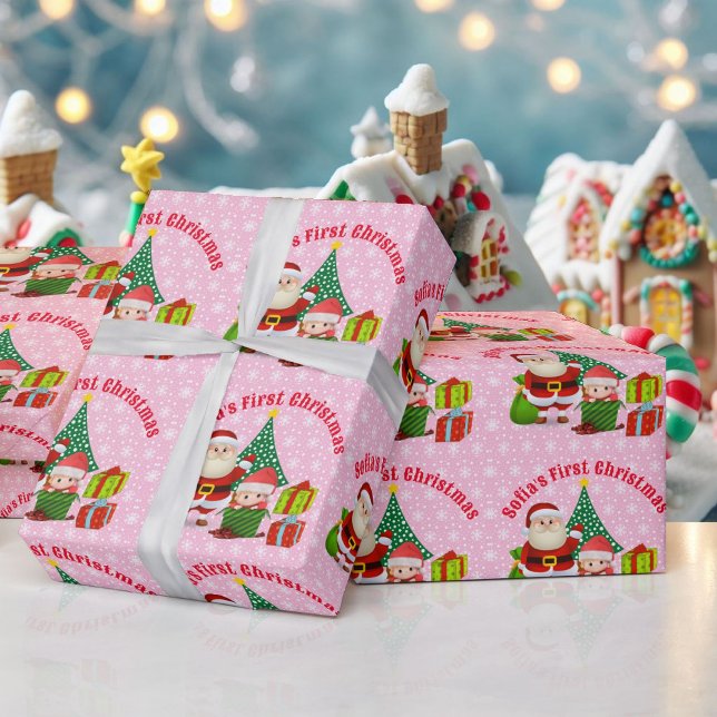 First Christmas Baby Girl Personalise Name Pink Wrapping Paper (Creator Uploaded)