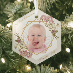First Christmas Baby Girl Photo Pink Orchids Gold  Glass Tree Decoration
