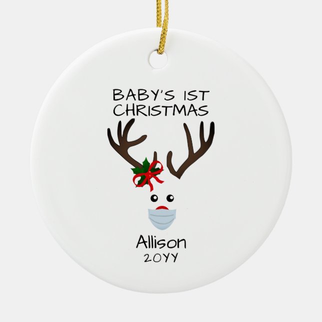 First Christmas Baby Girl Reindeer Personalised Ceramic Ornament (Front)