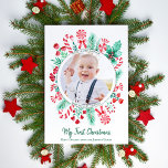First Christmas Baby Keepsake Christmas Photo Holiday Card<br><div class="desc">This first Christmas baby keepsake photo Christmas card features hand painted watercolor foliage, peppermint candy canes and candy. This card is ideal for a family who has a new baby or are first time parents and would like to celebrate that this Christmas season. On the front you can add your...</div>