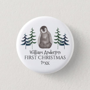 First Christmas Baby Penguin & Tree Personalised 3 Cm Round Badge