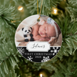 First Christmas Baby Photo Black Ceramic Ornament