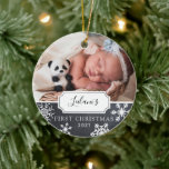First Christmas Baby Photo Ceramic Ornament<br><div class="desc">My first Christmas with snowflakes on a chalkboard background and photo ornament design can be personalised with the baby's name and birth year. Includes a second photo on the back.</div>
