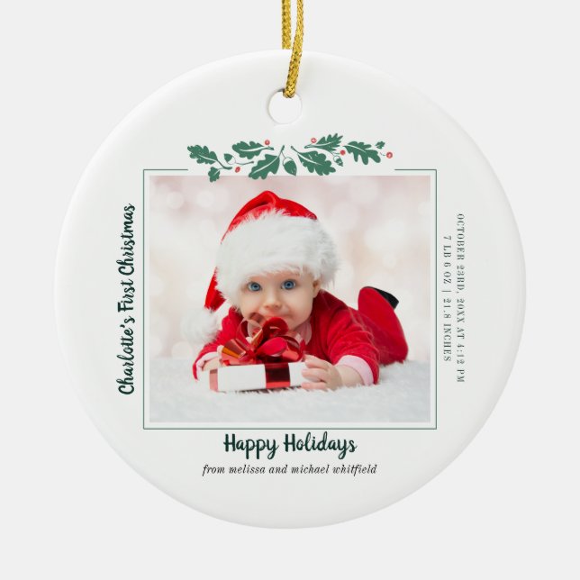 First Christmas Baby Photo Collage Holiday Family Ceramic Ornament (Front)