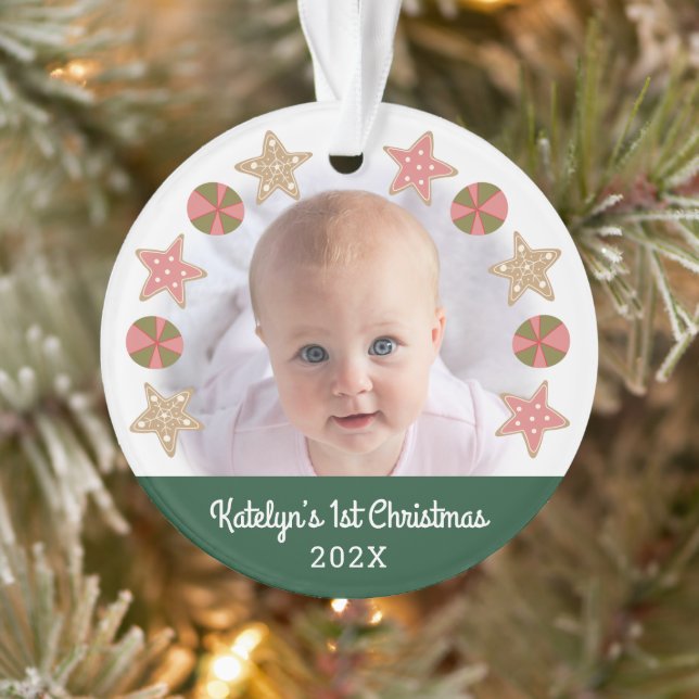 First Christmas Baby Photo Gingerbread Girl Green Ornament (Tree)
