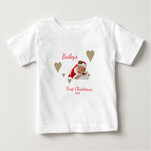 First Christmas Baby Photo Gold Heart Baby T-Shirt