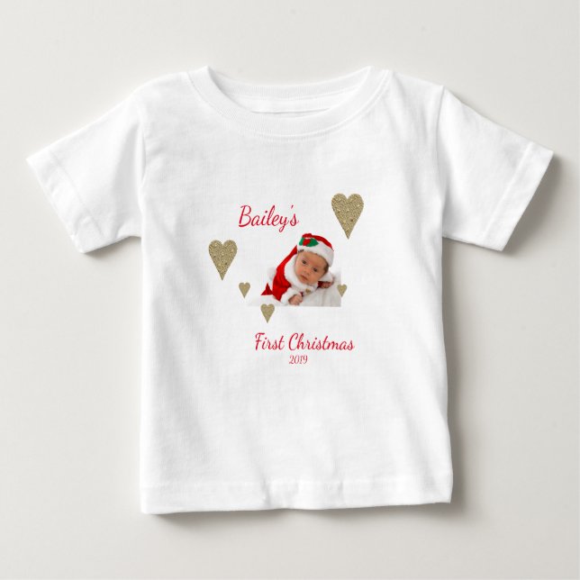 First Christmas Baby Photo Gold Heart Baby T-Shirt (Front)