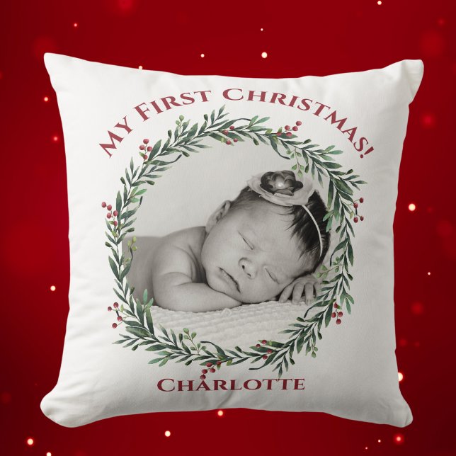 First Christmas, Baby Photo, Name Cushion (First Christmas, Baby Photo, Name Throw Pillow)
