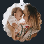 First Christmas baby photo name modern green Tree Decoration Card<br><div class="desc">Trendy modern dark red and green joy script and heart keepsake holiday tree ornament card with new baby's first Christmas together with mum,  dad,  and family.</div>