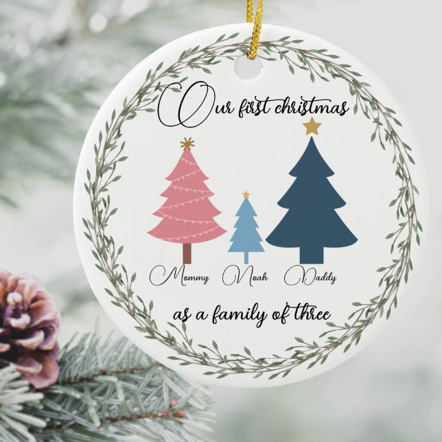 First Christmas baby photo pink and blue trees  Ceramic Ornament (Creator Uploaded)