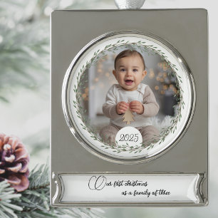 First Christmas baby photo pink and blue trees Silver Plated Banner Ornament