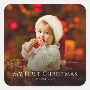 First Christmas Baby Photo Santa Hat Festive Square Sticker