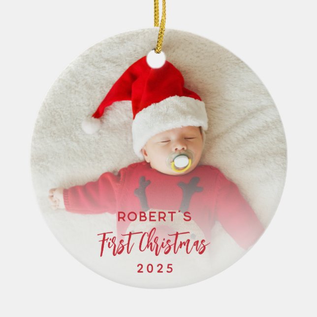 First Christmas Baby Photo Script Custom Ceramic Ornament (Front)