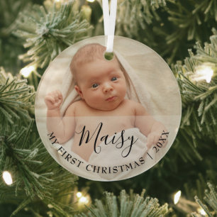 First Christmas Baby Photo Script Name Glass Tree Decoration
