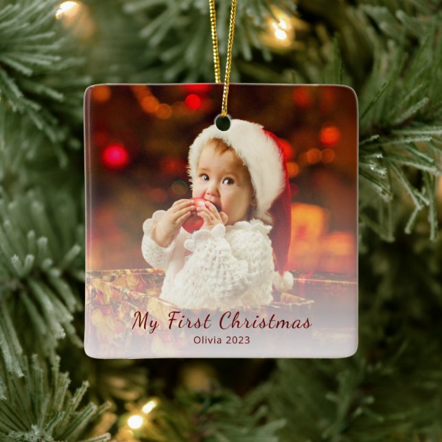 First Christmas Baby Photo Simple Santa Hat  Ceramic Ornament (Tree)