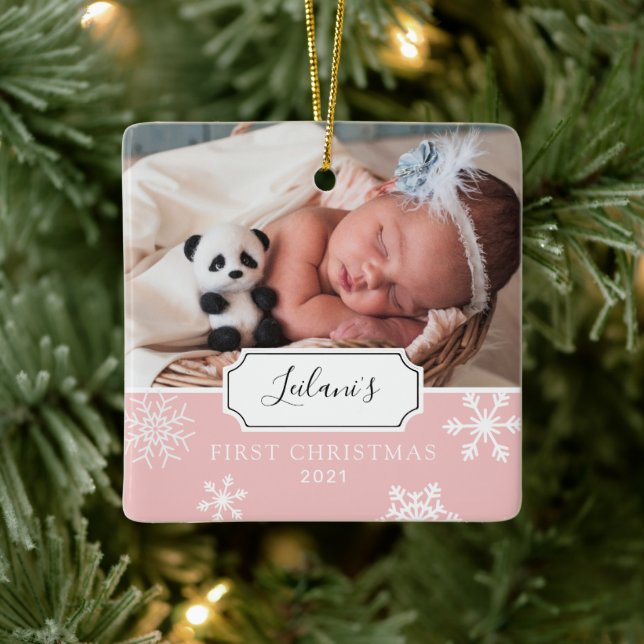 First Christmas Baby Photo Snow Baby Pink Ceramic Ornament (Tree)