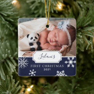 First Christmas Baby Photo Snow Navy Blue Ceramic Ornament