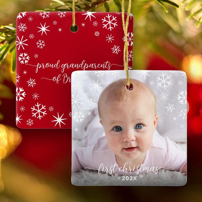 First Christmas Baby Photo Snowflakes Grandparents Ceramic Ornament (Creator Uploaded)