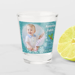 First Christmas Baby Photo Snowflakes Teal Blue Shot Glass