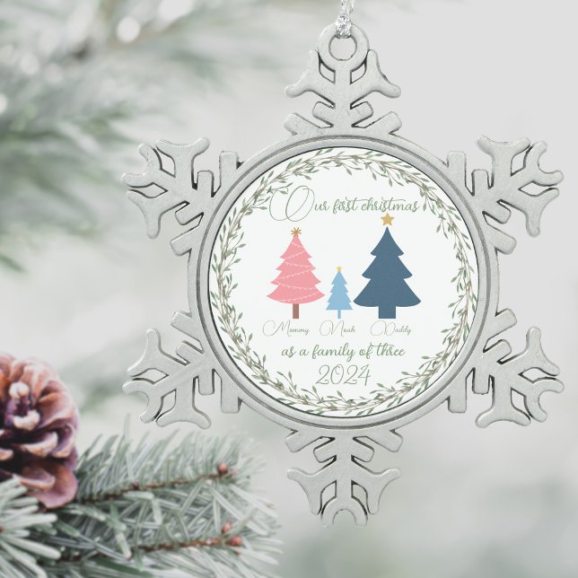 First Christmas baby pink and blue trees  Snowflake Pewter Christmas Ornament (Creator Uploaded)