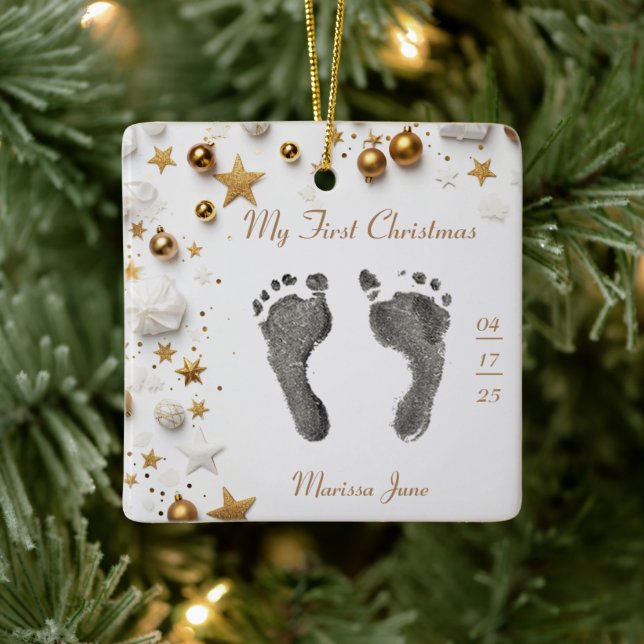 First Christmas Baby's Foot Prints Name Photo Star Ceramic Ornament (Tree)