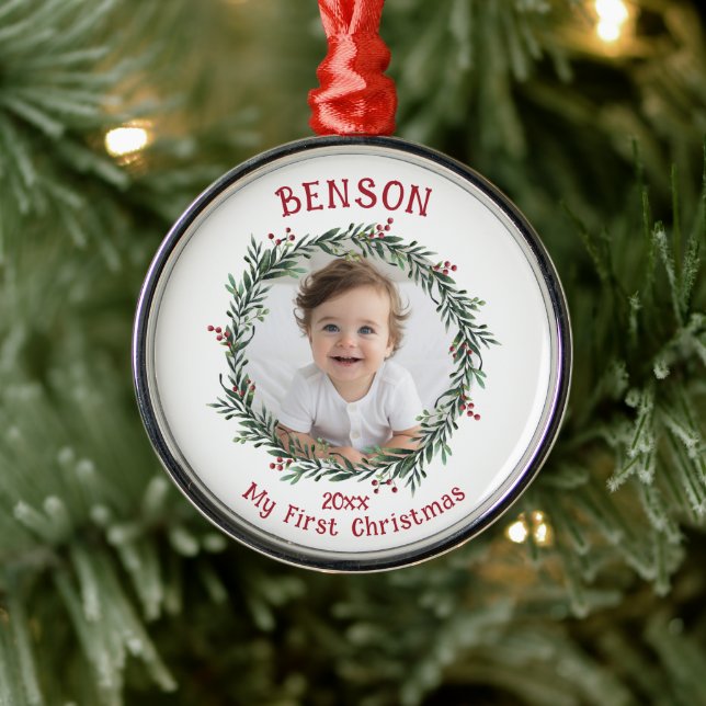 First Christmas Baby's Photo Keepsake  Metal Ornament (Tree)