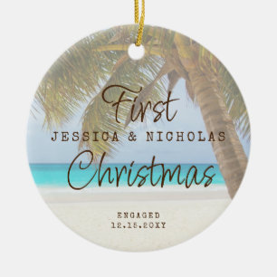 First Christmas Beach Engagement Palm Tree Ceramic Ornament