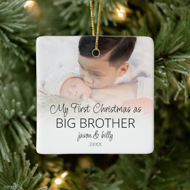 First Christmas Big Brother Photo Overlay Names  Ceramic Ornament (Tree)
