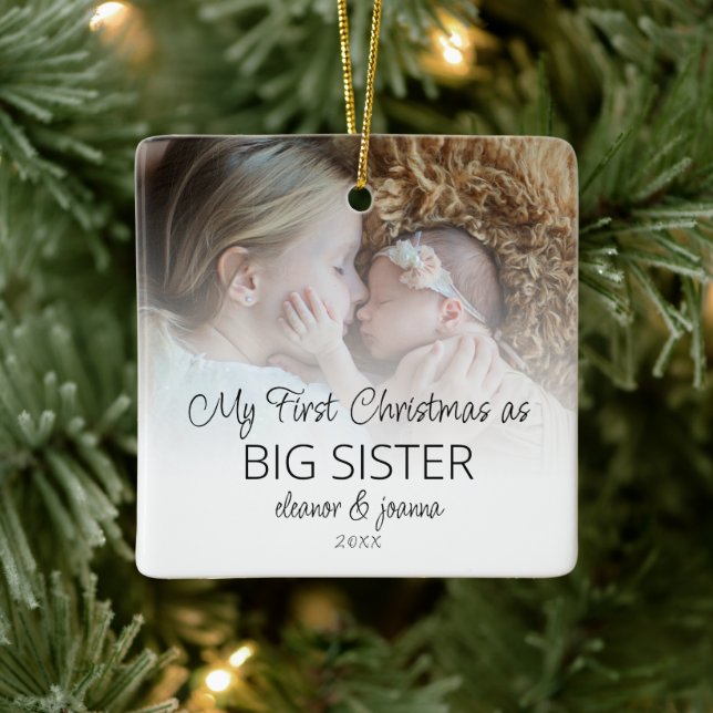 First Christmas Big Sister Photo Overlay Names  Ceramic Ornament (Tree)