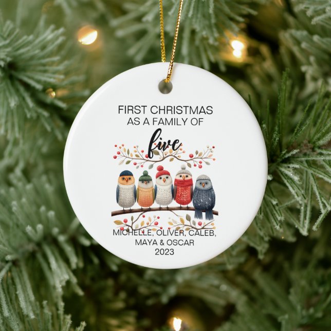 First Christmas Bird Family of Five Ceramic Ornament (Tree)
